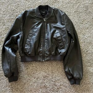 Pull and Bear Faux Leather Bomber Jacket - Size M - Deep Blackish Brown Color